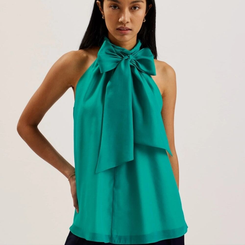 Ted Baker Tejeda Greenish-Teal Tie Neck Draped Sleeveless Blouse Size 10(TB 4)